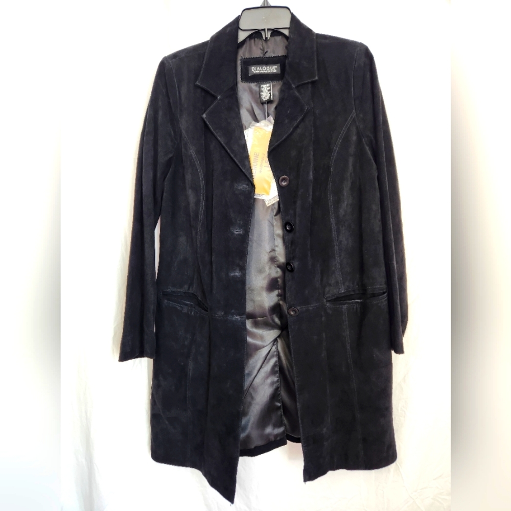 Dialogue QVC Black 100% Suede Leather Knee Length Button Up Jacket, Size M, NWT
